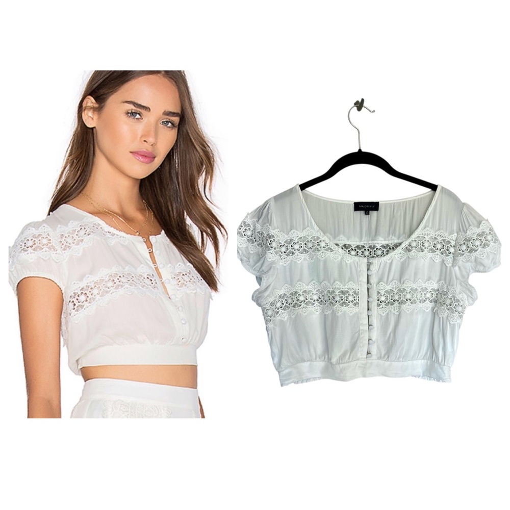 Majorelle High Sierras white lace crop top short sleeve buttons cottagecore M